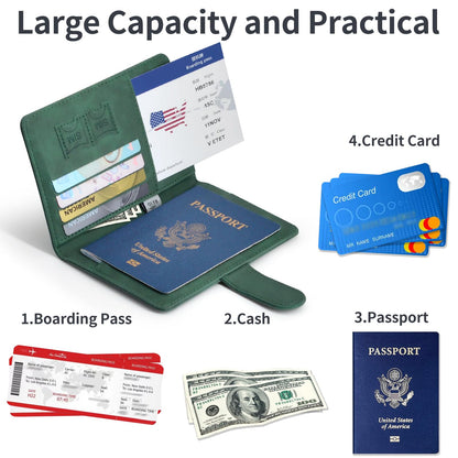 Passport Holder, Passport Cover with Credit Card Slot and Boarding Pass Slot Combo, Passport Wallet Case Book Travel Must Have, RFID Blocking Leather Travel Accessories, Green