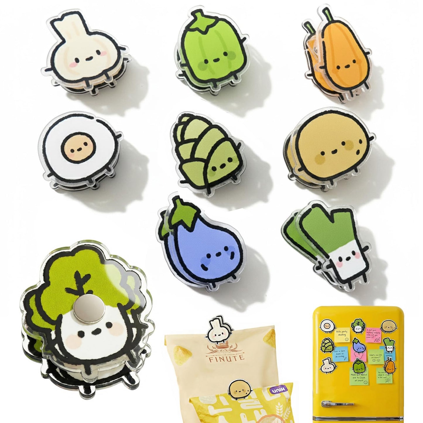 9 Pack Cute Magnetic Chip Clips Food Bag Clip Set, Vegetable Shaped Bag Clips for Snacks, Kitchen & Fridge Use, Airtight Chip Clip for Foods Storage, Kitchen Decor Gift (Vegetable)