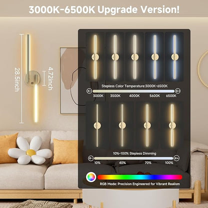 Battery Operated Wall Sconce Set of 2,Wireless Wall Lights with Remote, 360°DIY Rotatable RGB Lamp with Timer, 3000K-6500K LED Dimmable Wall Decor for Vanity, Living Room, Hallway Gold