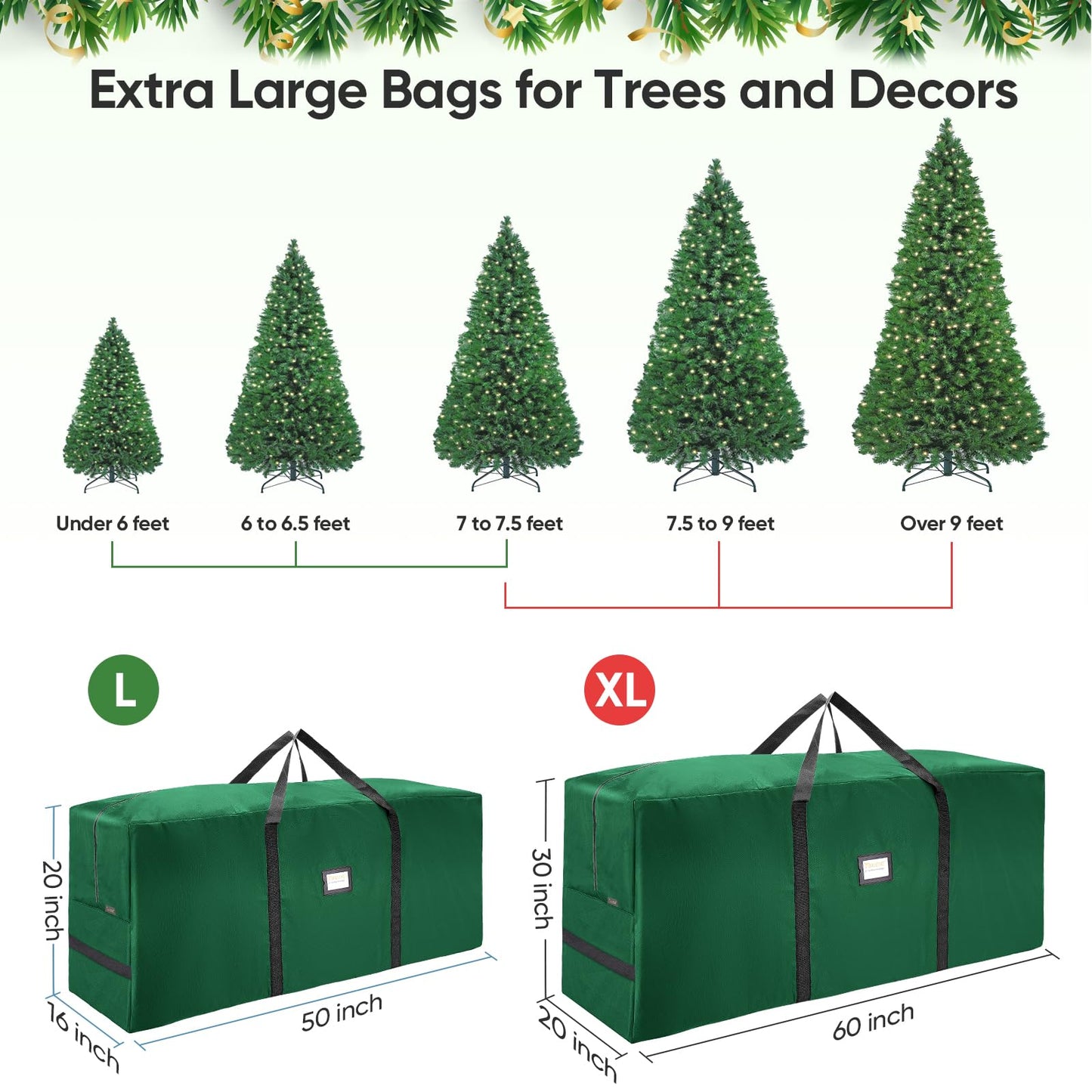 BALEINE 7.5 ft Christmas Tree Storage Bag, Heavy Duty 900D Oxford Fabric with Reinforced Handles and Dual Zippers Wide Opening, Extra Large Storage Container (Green)