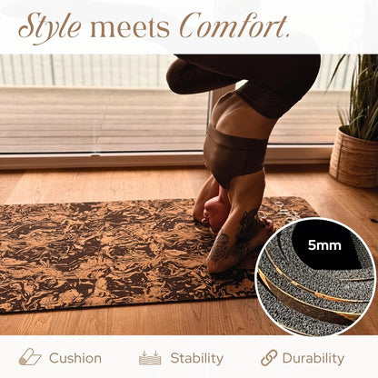 Boho Flow Deluxe Cork Yoga Mat | Caffè Core - Coffee Cork Edition | Eco-Luxury Coffee-Infused Cork Surface, Natural Tree Rubber Base & Signature Handmade Boho Macramé Bag