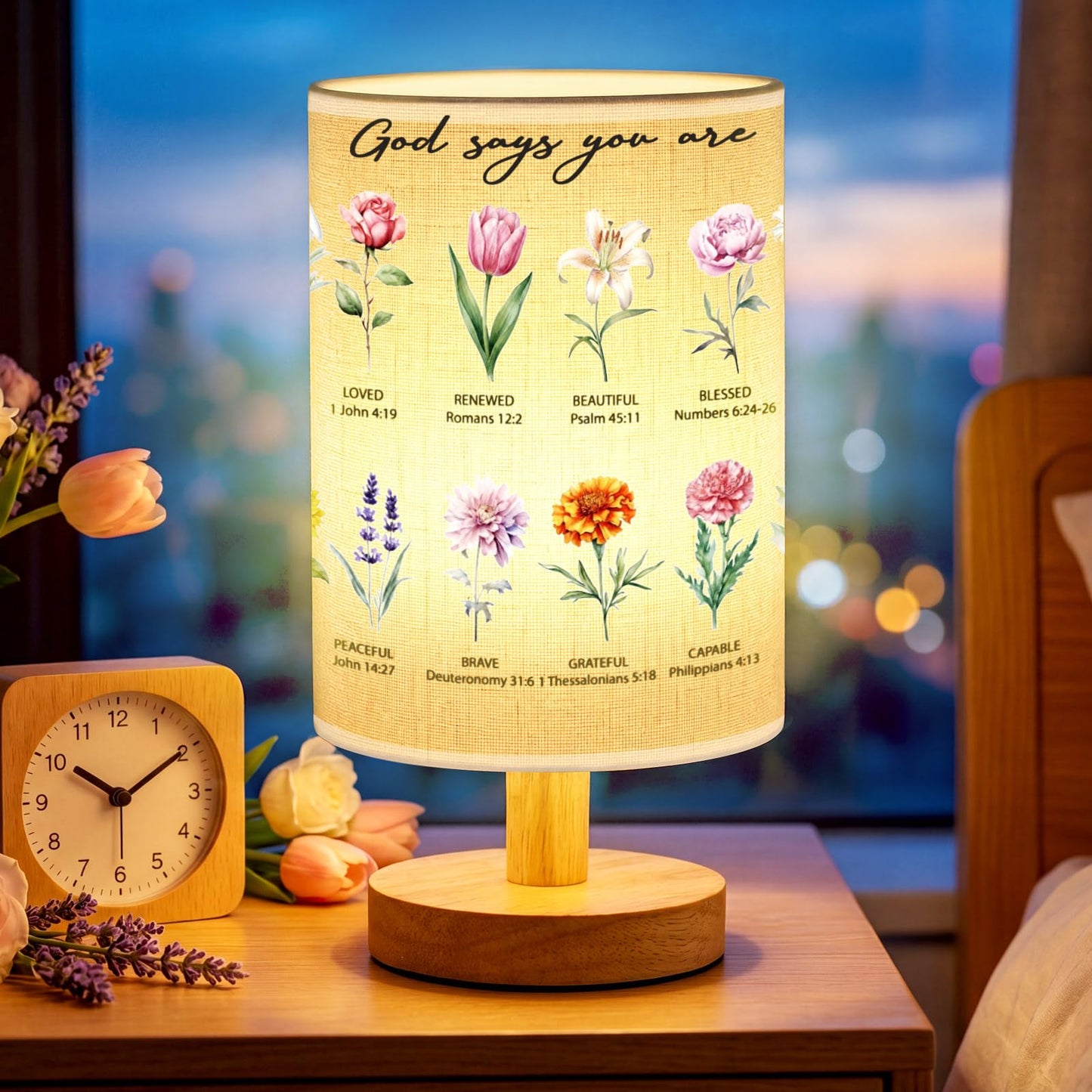 Gerrii Christian Gifts for Women Floral Table Lamp with Bible Verses, 9.6" Small Boho Bedside Lamp with Wooden Base, Religious Room Decor for Mom Friends Birthday Christmas