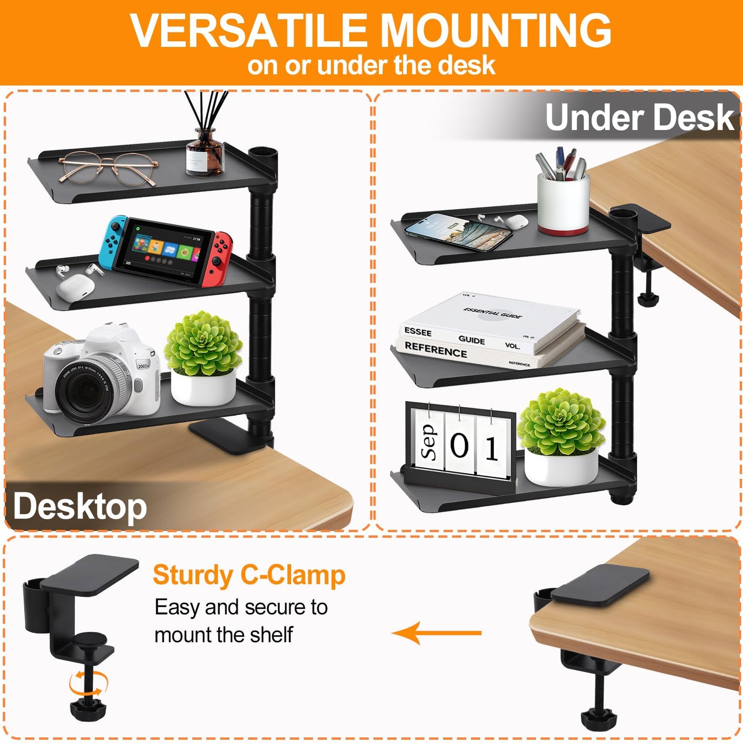 FBOAZI 3 Tier Clamp On Desk Shelf,360° Rotatable Adjustable Above or Under Desktop Organizer,Carbon Steel Storage Tray for Home Office and Gaming Accessories（Black）