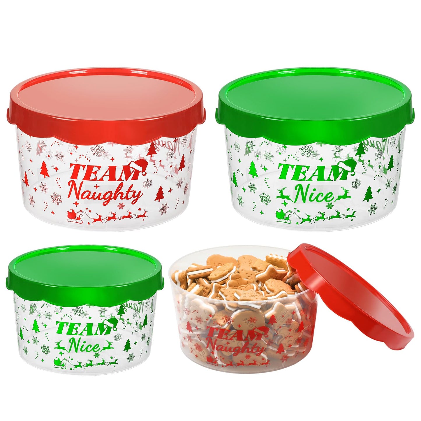 Nitial 4 Pcs Christmas Cookie Containers Plastic Christmas Jar with Lids Team Naughty or Nice Storage Buckets Xmas Candy Cookies Snack Tin Winter Containers Jars for Xmas Winter Party Supply
