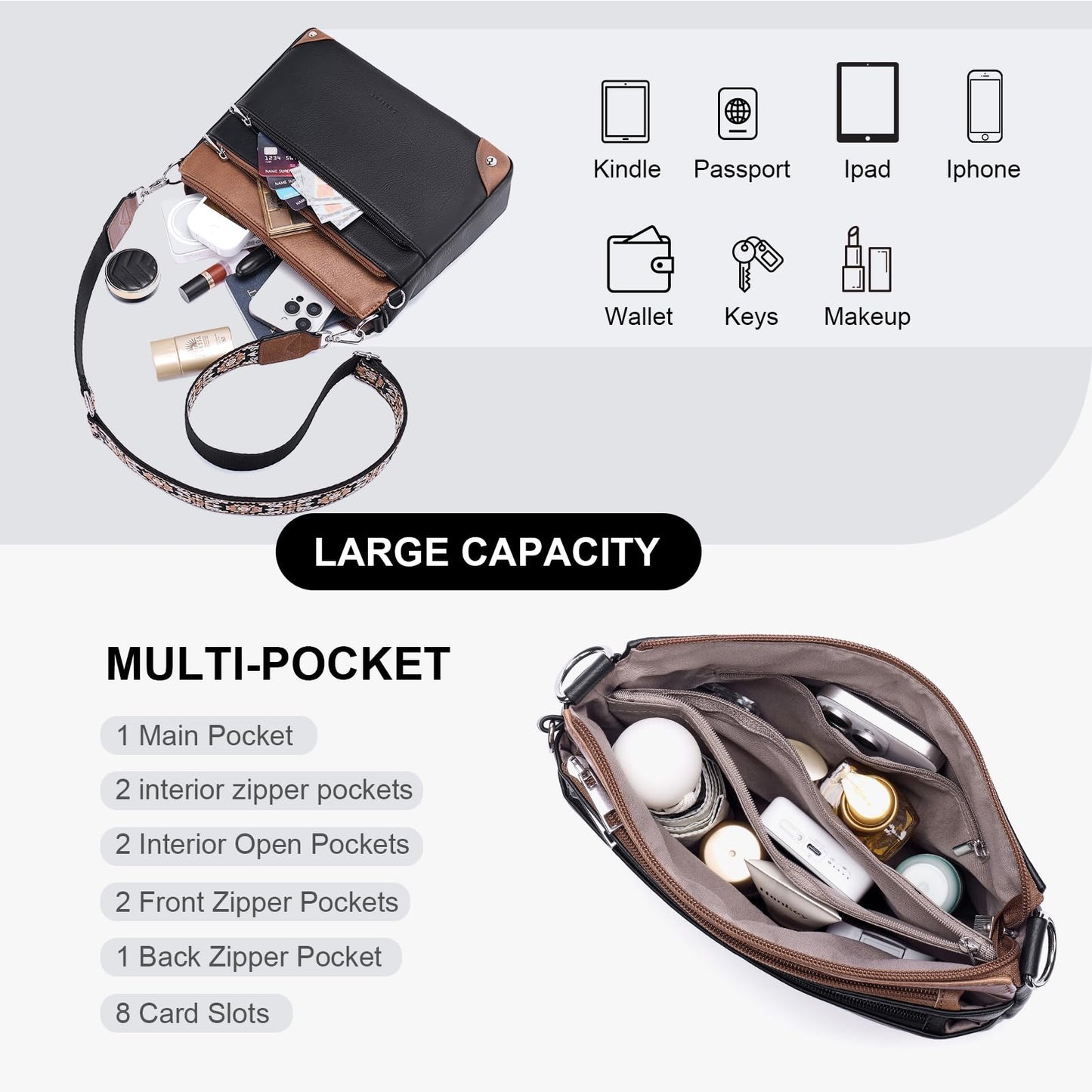 Lexiyat Crossbody Bags for Women Rfid Travel Crossbody Purses Leather Roomy Handbags Medium Shoulder bag with Adjustable Strap Blackwithbrown