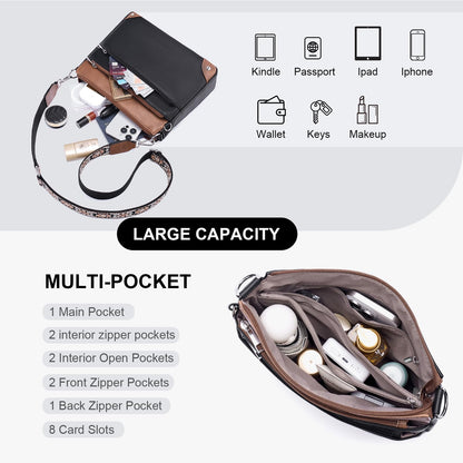 Lexiyat Crossbody Bags for Women Rfid Travel Crossbody Purses Leather Roomy Handbags Medium Shoulder bag with Adjustable Strap Blackwithbrown