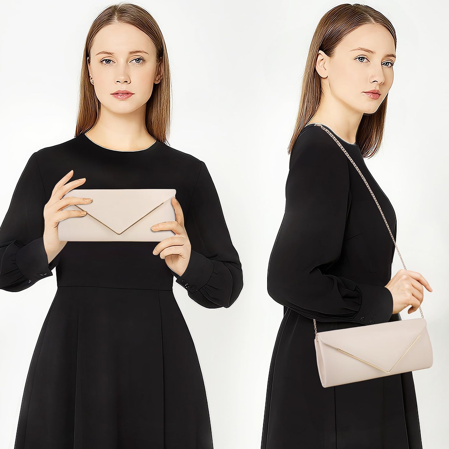 Larcenciel Nude Clutch Purses for Women, Vegan Leather Envelope Evening Bag w/Chain, Elegant Lady Shoulder Crossbody Handbags, Glitter Party Prom Purse Bride Wedding Guest Clutch Dress Carry on Bags