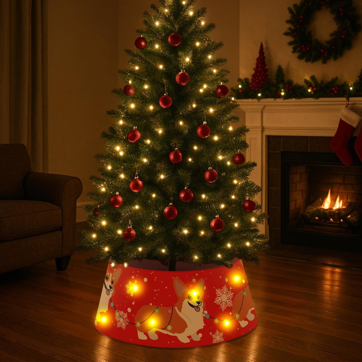 Dog Christmas Tree Collar Corgi Christmas Decor Red Tree Skirt with LED Light Ring Base Cover for Christmas Trees Decoration Holiday Indoor Outdoor