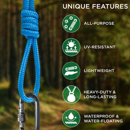 TECEUM Rope – 90 Feet x 1/4 Inch (7mm) – Sky Blue – Strong All-Purpose Utility Rope – Camping, Crafting, Flag Pole, Indoor & Outdoor – Polypropylene Nylon Poly Lightweight Diamond Braided Cord