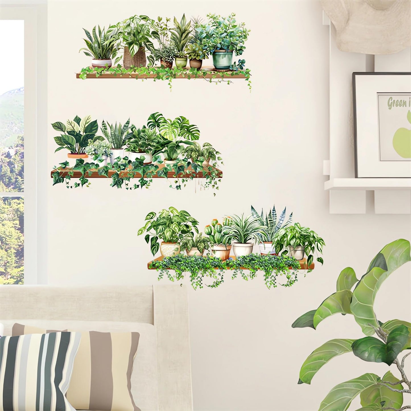 3 Pcs Green Plants Potted Wall Stickers, sacinora Green Leaves Wall Decals Removable Vinyl Peel and Stick for Living Room Bedroom Kitchen Study Room Art Home Decorations