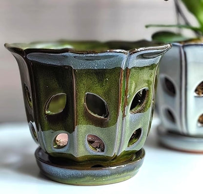 Orchid Pots with Holes 6 inch Ceramic Orchid Pot with Attached Saucer and Drainage Hole (mossgreen)
