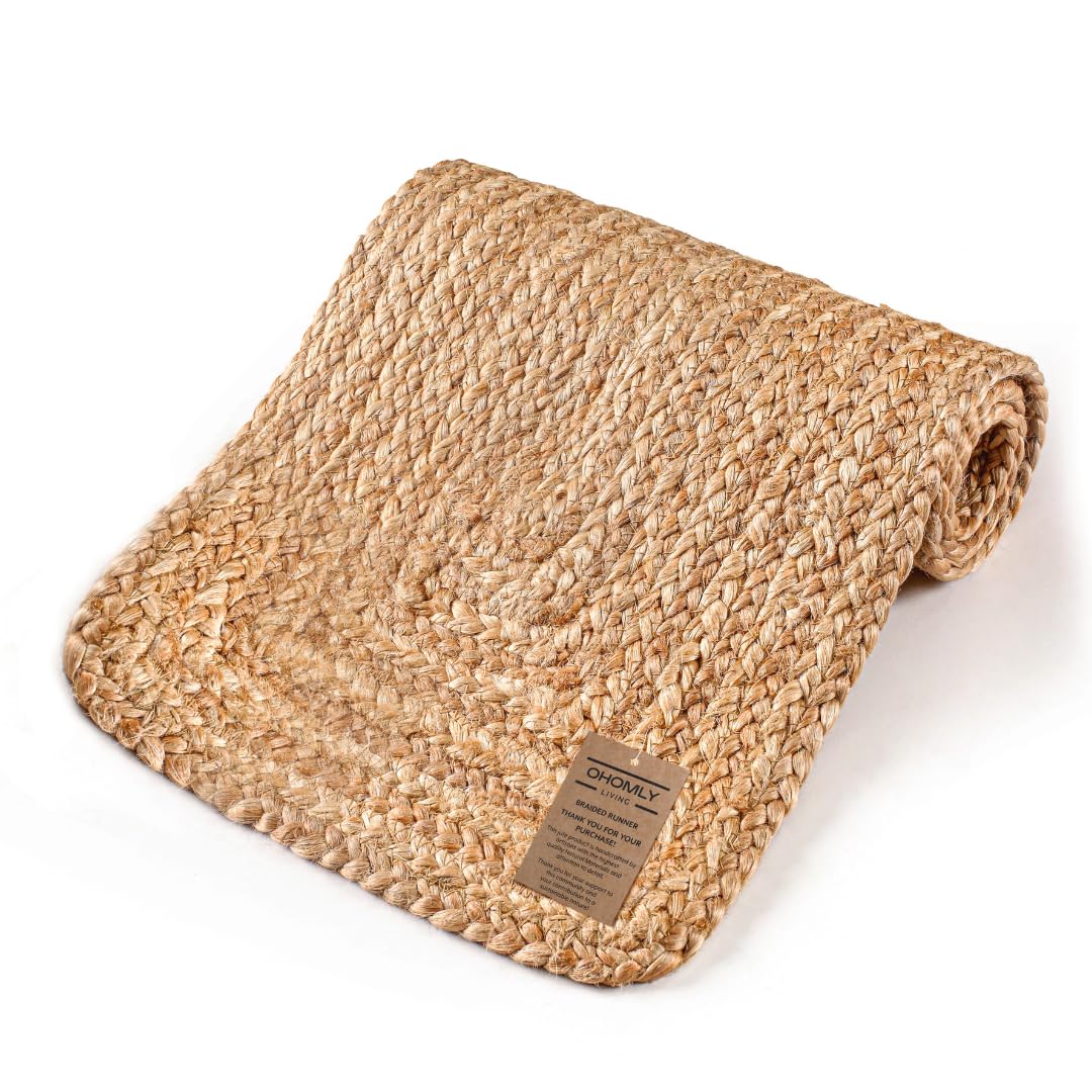 Ohomly Living Rustic Braided Jute Table Runner 36 Inches Long - 13x36 Inch Farmhouse Style Natural Dining Table Décor - Durable, Non-Slip, Heat & Scratch Protection 100% Jute Handcrafted Table Runner