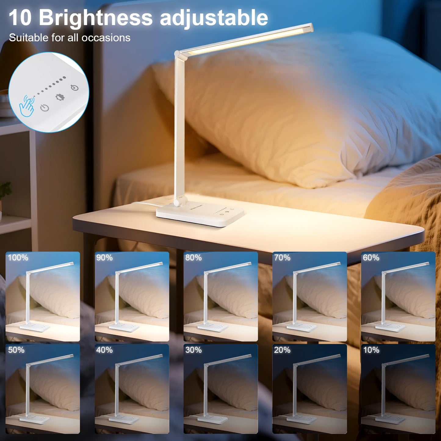 White crown LED Desk Lamp Dimmable Table Lamp Reading Lamp with USB Charging Port, 5 Lighting Modes, Sensitive Control, 30/60 Minutes Timer (White, First-Generation)