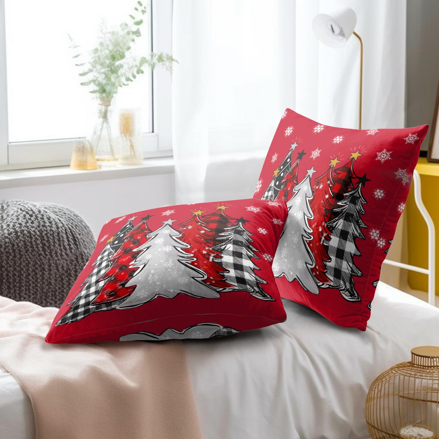 Christmas Pillow Cover 16x16 Inch Merry Christmas Tree Red Throw Pillow Cover Set of 2 Winter Snowflake Decorative Pillow Cases Farmhouse Xmas Holiday Checked Cushion Case for Sofa Home Decor