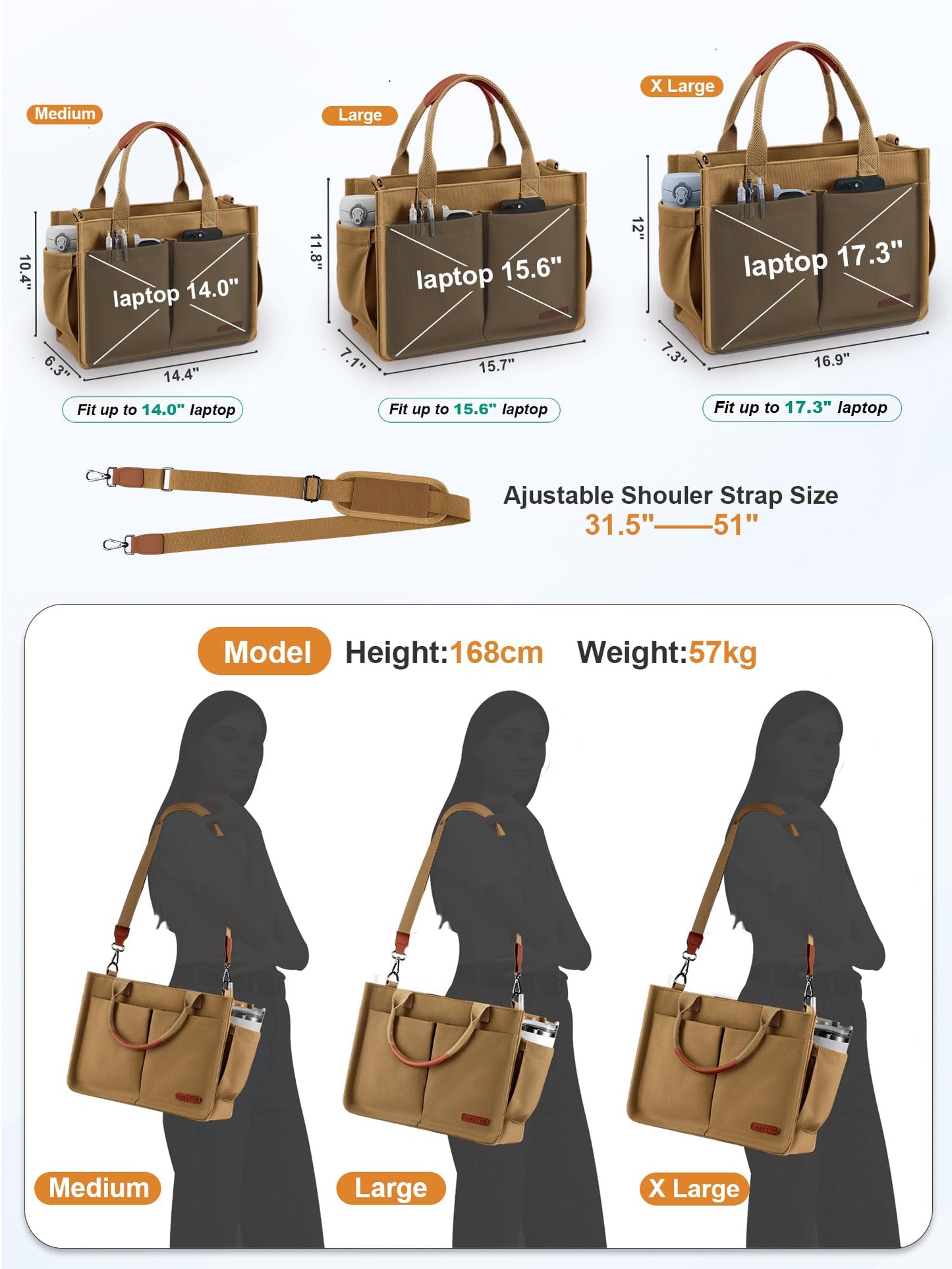 FIORETTO Women's Canvas Tote Bag with Zipper Top, Individual Compartments, Reinforced Bottom, Trolley Sleeve & Adjustable Strap, Doubles as a Crossbody Purse for Work, Travel & Bible, Khaki Brown M
