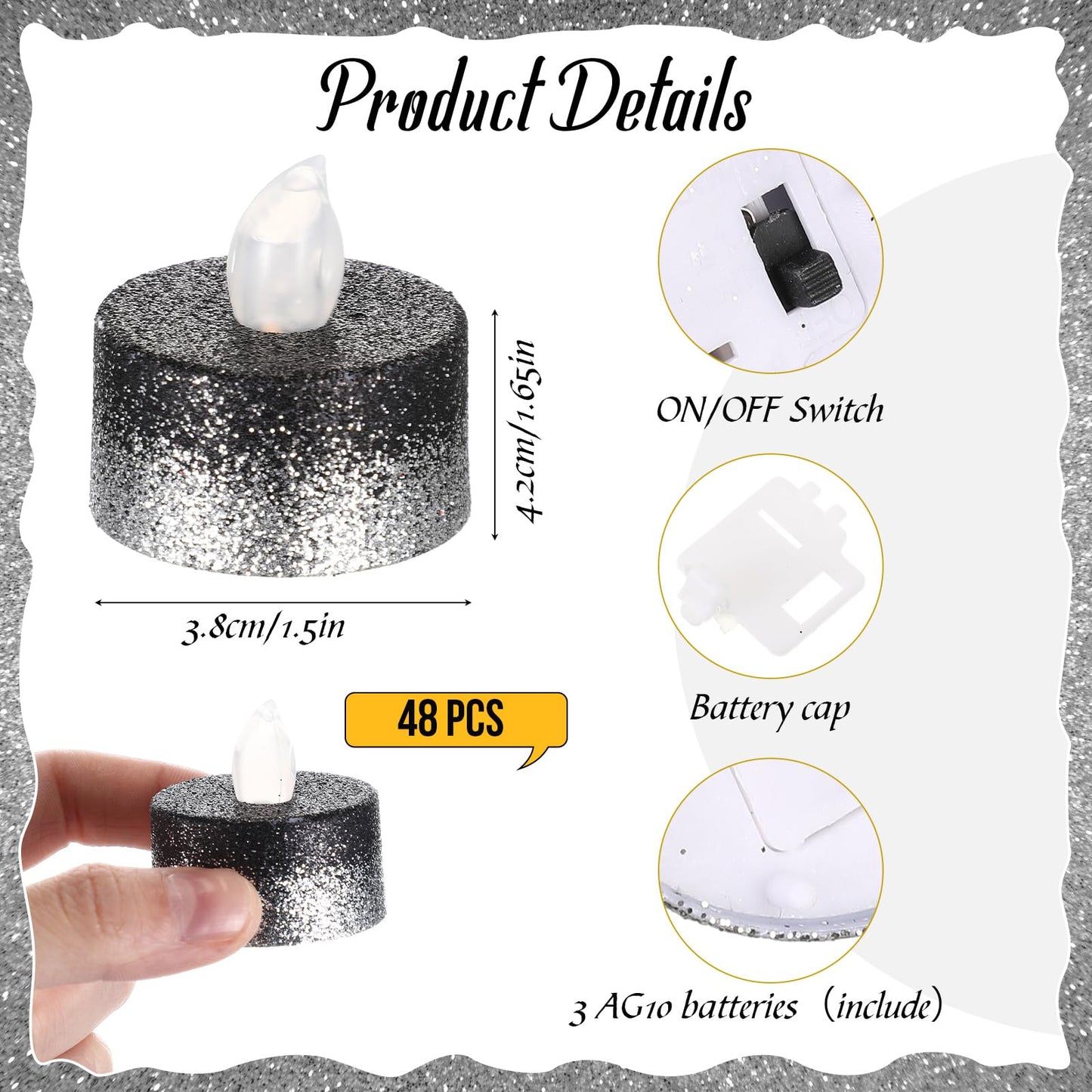 Retisee 48 Pcs Flameless LED Tea Lights Glitter Electric Fake Candles for Centerpieces Battery Operated Anniversary Decorations Romantic Winter Decor for Wedding Christmas Birthday(Black Silver)