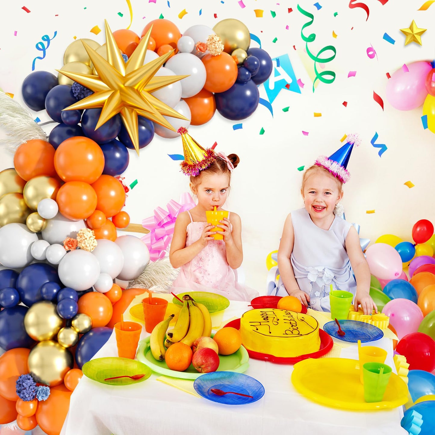 Blue and Orange Balloon Garland Arch Kit, 107 PCS Royal Dark Blue White Orange Latex Balloons Gold Star Foil for Birthday Thanksgiving Baby Shower Baseball Party
