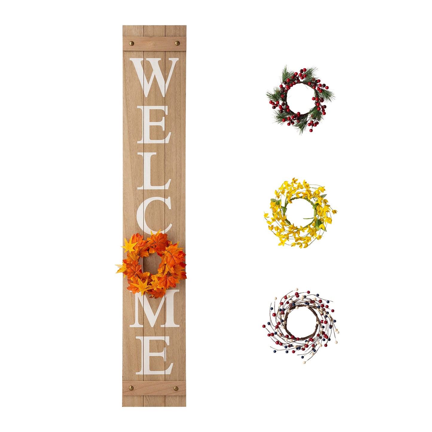 Glitzhome 60”H Welcome Sign with 4 Interchangeable Floral Wreaths for Front Door Porch Farmhouse Wooden Hanging Wall Sign for Seasons Spring Fall Harvest Thanksgiving Christmas