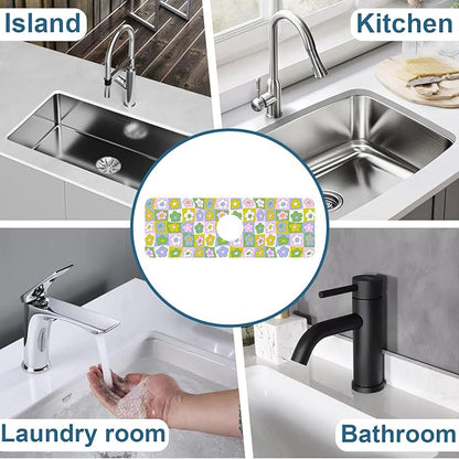 Cute Flowers Kitchen Sink Splash Guard Faucet Mat Retro Floral Super Absorbent