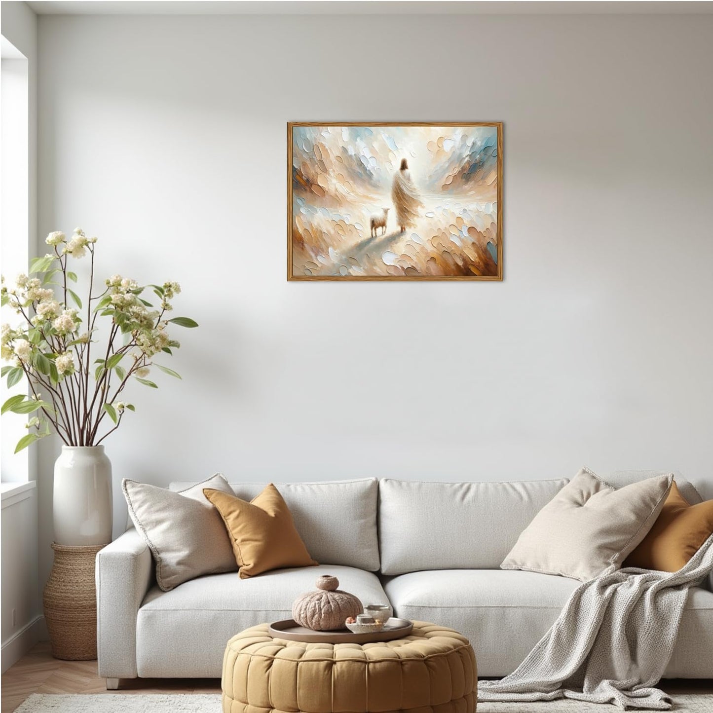 Framed Jesus leaves the 99 Sheep Canvas Wall Art, Christian Jesus and Lamb Wall Decor Paintings, Bible Good Shepherd Poster Prints Religious Home Decor for Living Prayer Room Church 12x16 inch