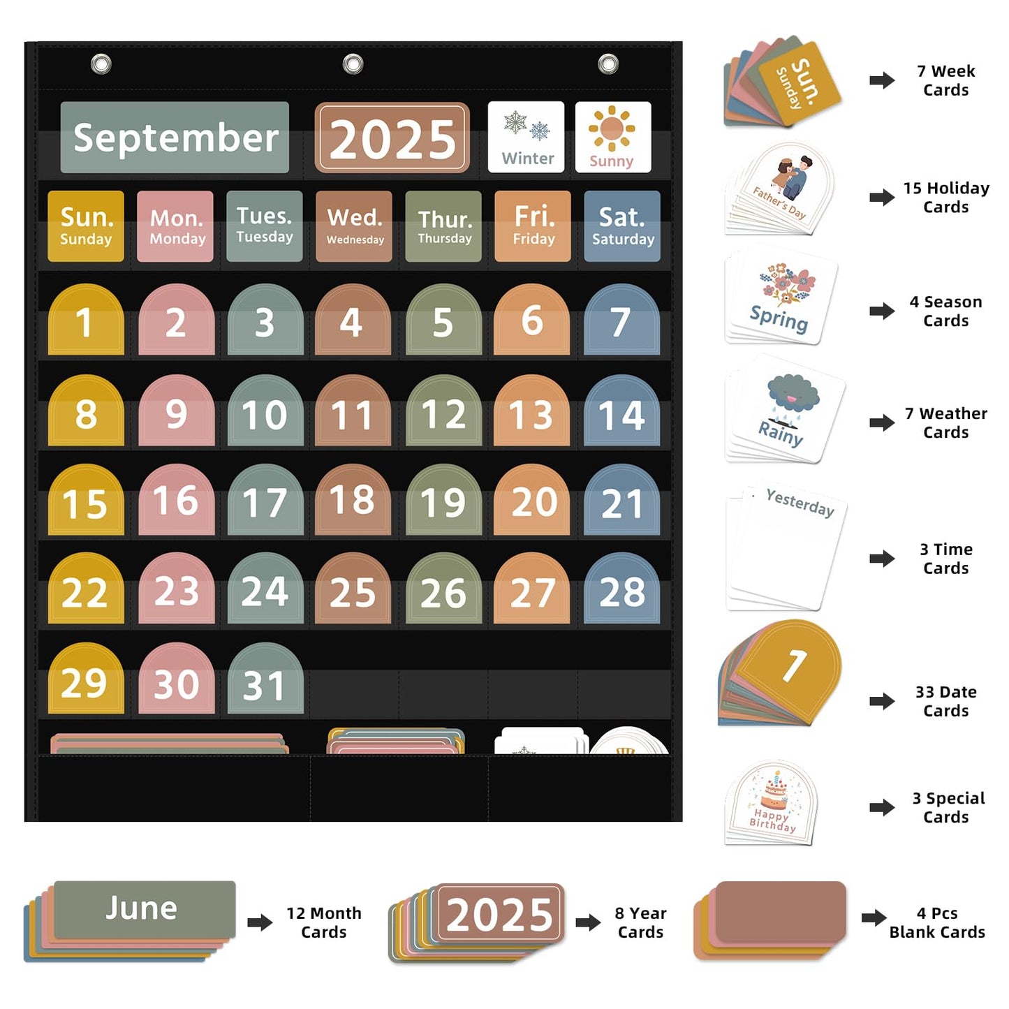 REGELETO Large Boho Calendar Pocket Chart with 96 Cards for Classroom, Size:32.25 x 24.125 inch Black Monthly Calendar and Weather Pocket Chart for Student Learning for Home or School.