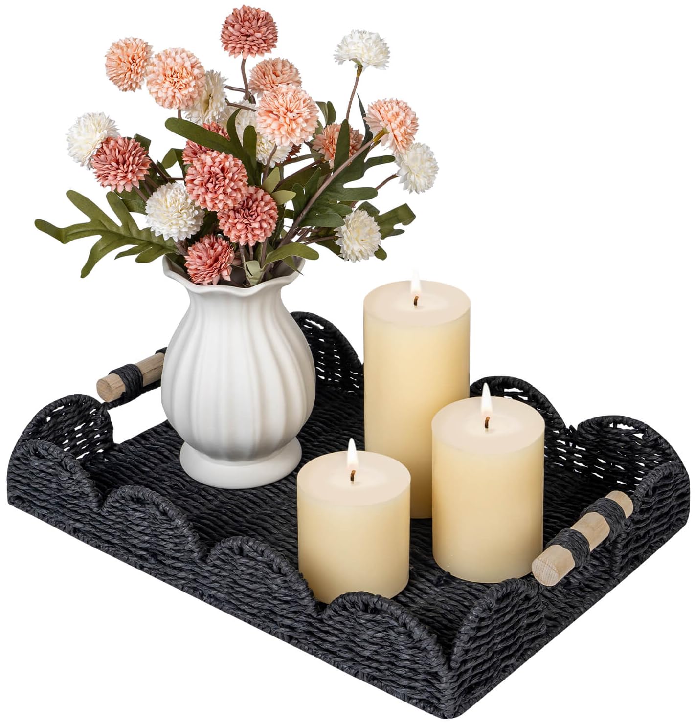 CubesLand Rectangular Scalloped Decorative Centerpiece Tray for Coffee Table, Home Decor, Living Room - Black Tray w/Wooden Handle – Warm and Elegant for Holidays, Housewarmings - Candle Plate Holder