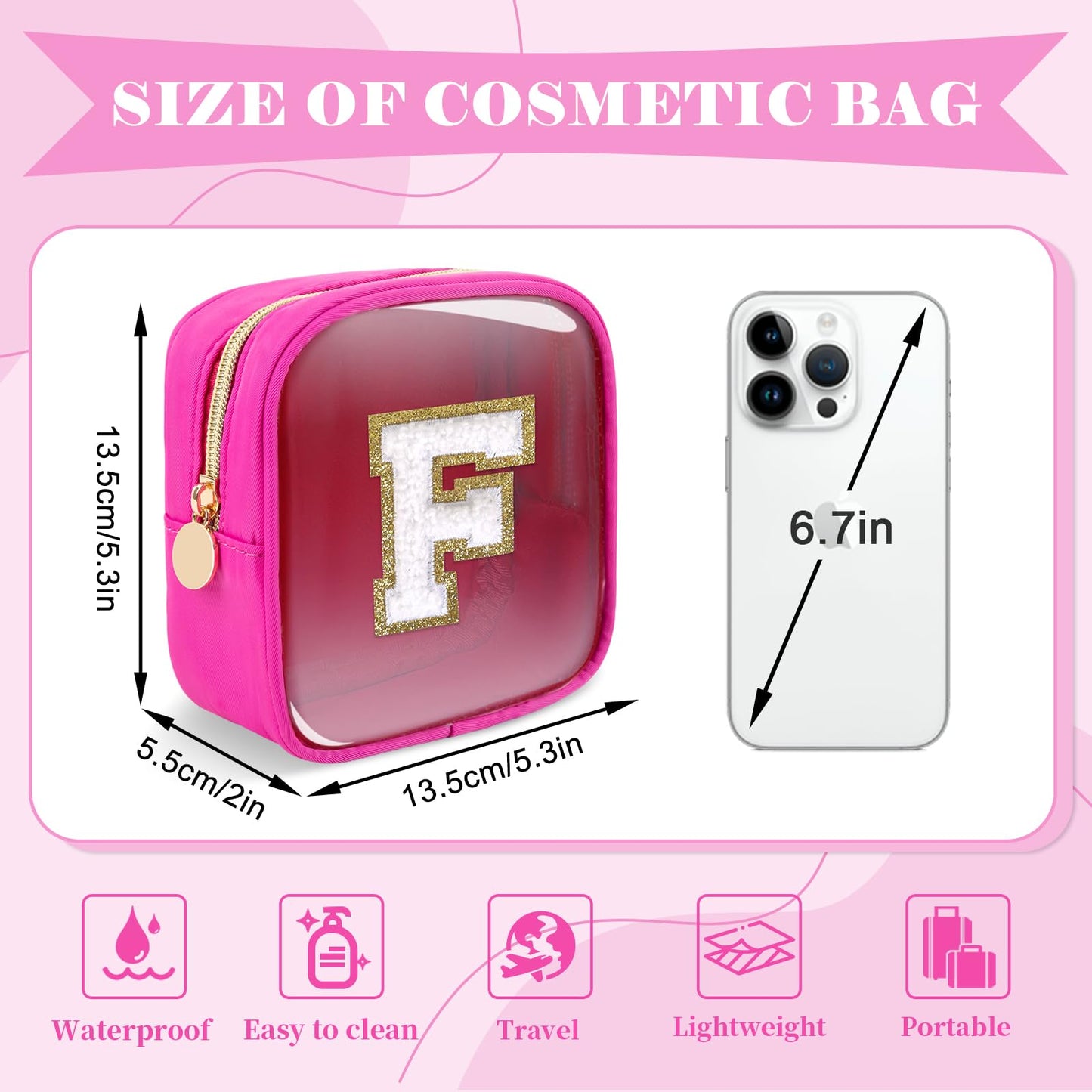 Personalized Initial Letter Clear Preppy Makeup Bag,Mini Nylon Chenille Letter Cosmetic Bag Cute Zipper Pouch Coin Purse for Teen Girls,Portable TSA Approved Travel Essentials Bag Gift for Women,F