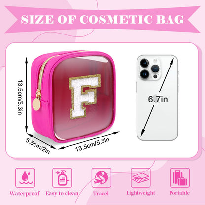 Personalized Initial Letter Clear Preppy Makeup Bag,Mini Nylon Chenille Letter Cosmetic Bag Cute Zipper Pouch Coin Purse for Teen Girls,Portable TSA Approved Travel Essentials Bag Gift for Women,F