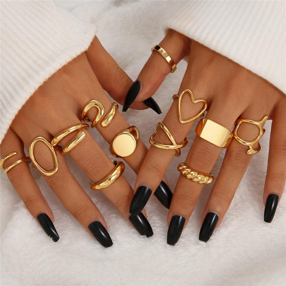 FAXHION 12PCS Gold Stackable Rings Set for Women, 18K Gold Plated Open Stacking Knuckle Ring, Adjustable Chunky Signet Band Statement Ring for Gift