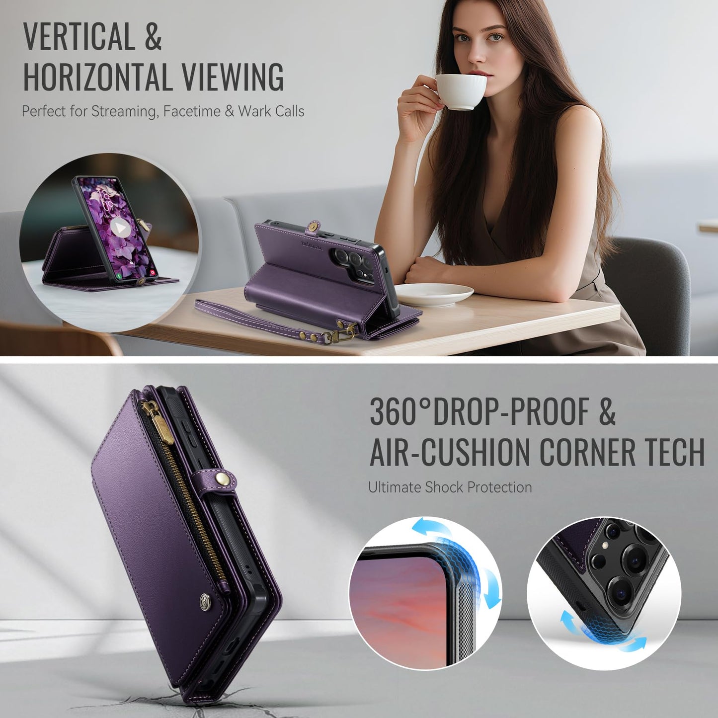 Defencase for Samsung Galaxy S24 Ultra Magnetic Wallet Case Compatible with Magsafe with RFID Blocking Zipper & Card Holder Women, PU Leather Detachable Phone Case for Galaxy S24 Ultra 6.8", Purple