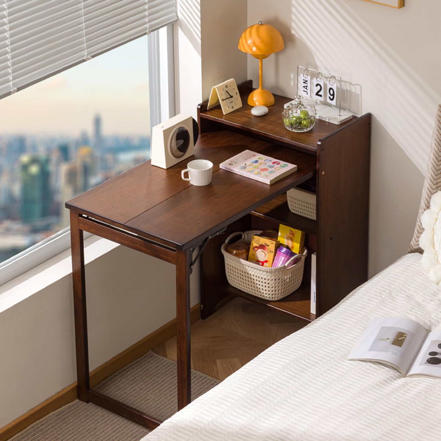 OXBZKMY Bamboo Folding Desk with Storage Shelves, Space Saving Mid Century Modern Bookcase with Drop Down Table, Hide Away Desk for Home Bedroom Study Office