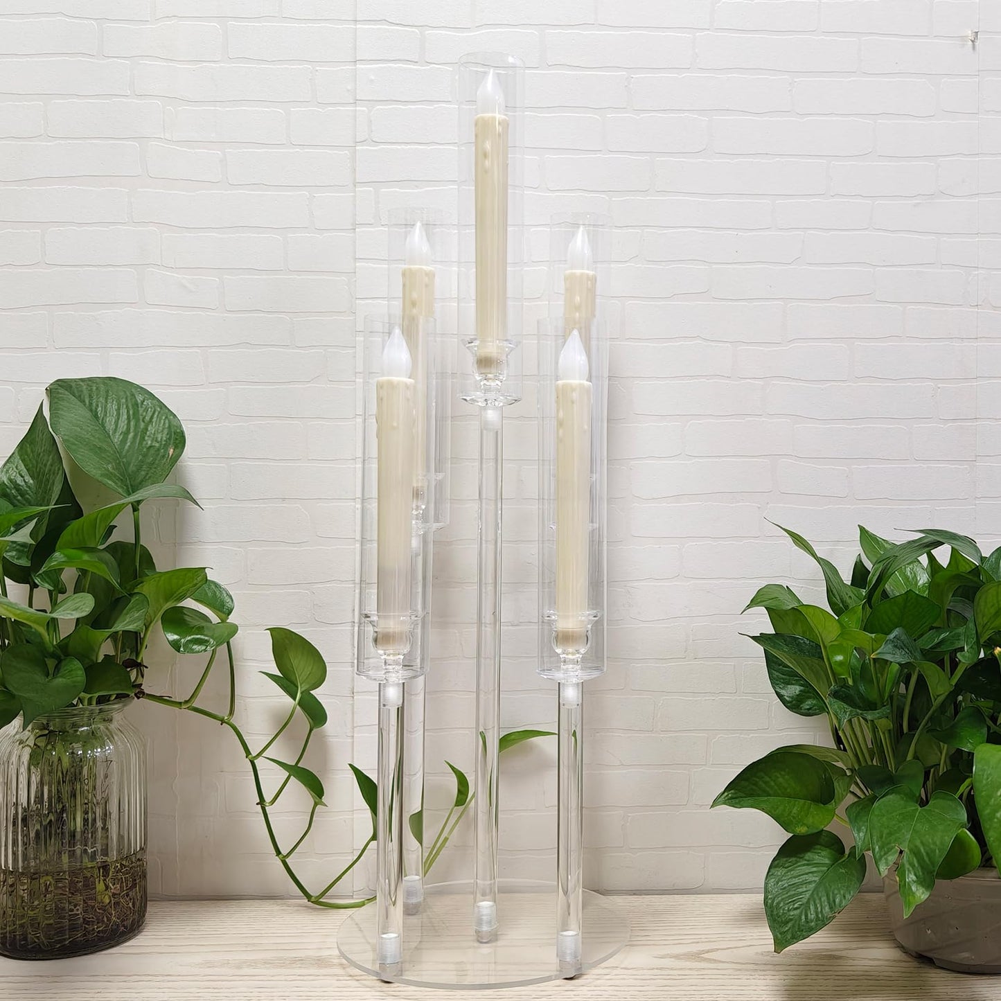 6 Set 26.8'' Tall Acrylic Candelabra Centerpieces for Wedding Table Decorations,Clear 5 Arms Candlesticks Holder with Acrylic Shade for Candlelight Dinner Party Fireplace Gift Fit LED Candle