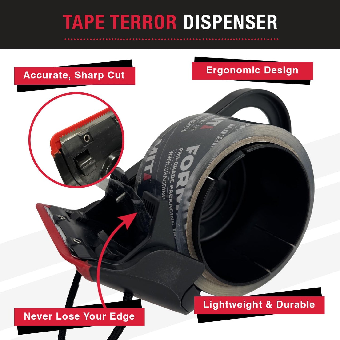 Tape Terror Packing Tape Dispenser - Heavy Duty Shipping Tape Dispenser for Boxes, Refillable, Fits Standard Bulk Tapes Up to 2" Wide - Razor-Sharp Cutting Packaging Tape Dispenser (1-Count)