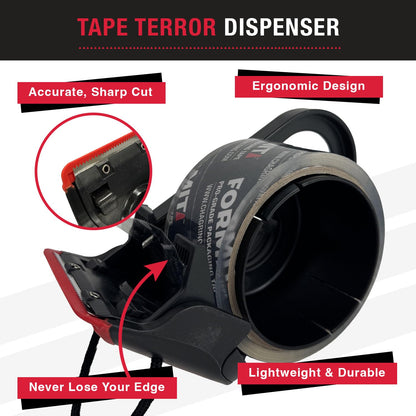 Tape Terror Packing Tape Dispenser - Heavy Duty Shipping Tape Dispenser for Boxes, Refillable, Fits Standard Bulk Tapes Up to 2" Wide - Razor-Sharp Cutting Packaging Tape Dispenser (1-Count)