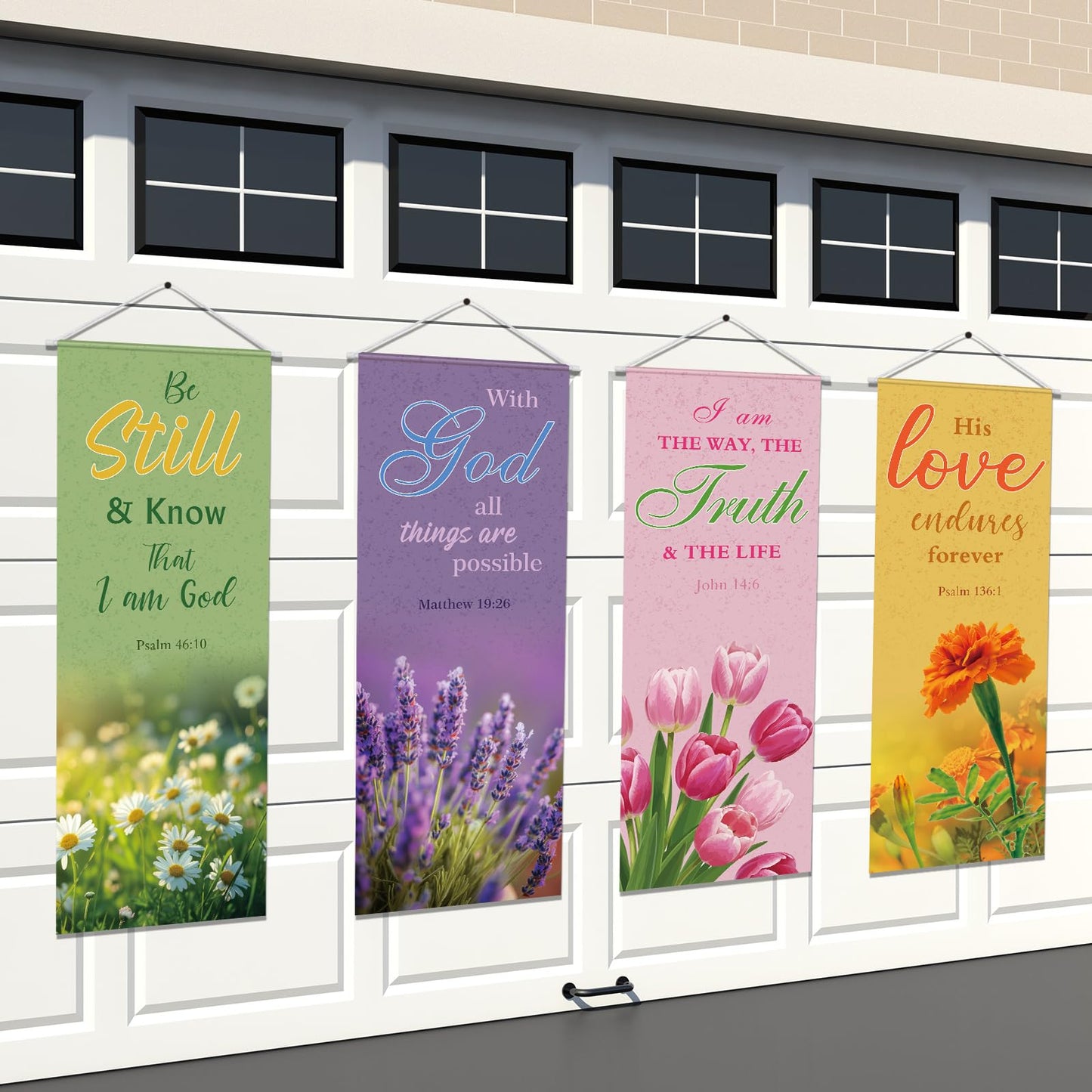 Panelee 4 Pcs Church Banners for Sanctuary Wall Blooming Flower Church Banners with Scripture Inspirational Religious Praise Bible Verses Hanging Backdrop Signs for Sunday School Worship Decoration