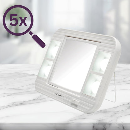 JERDON Two-Sided Makeup Mirror with Lights - Vanity Mirror with 5X Magnification & Two Setting Glare-Free Lighting - White Base - Model J1015