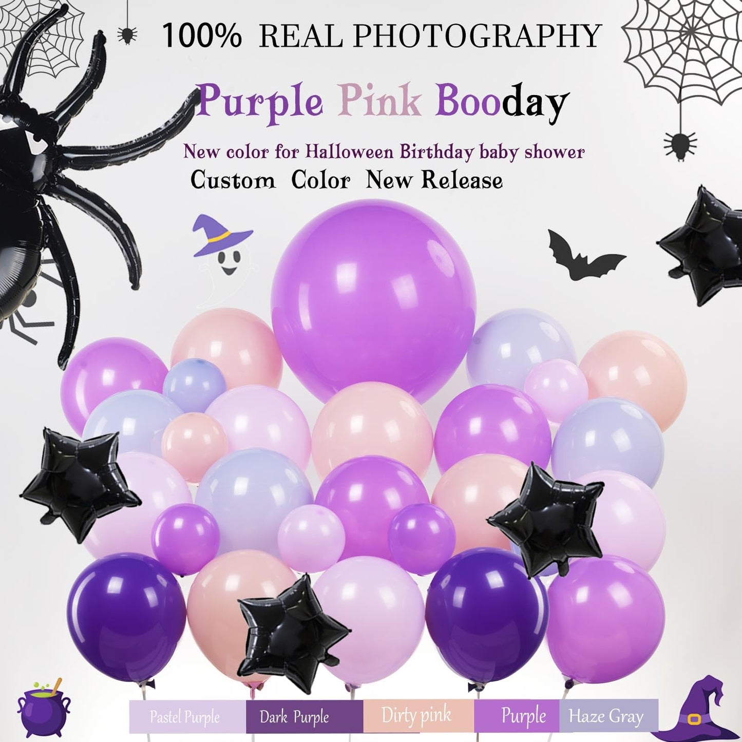 Halloween balloons Pink and Purple balloon garland arch kit 160pcs with BOO ghost spider bat mylar balloons for Halloween birthday baby shower spooky one happy boo day party decorations