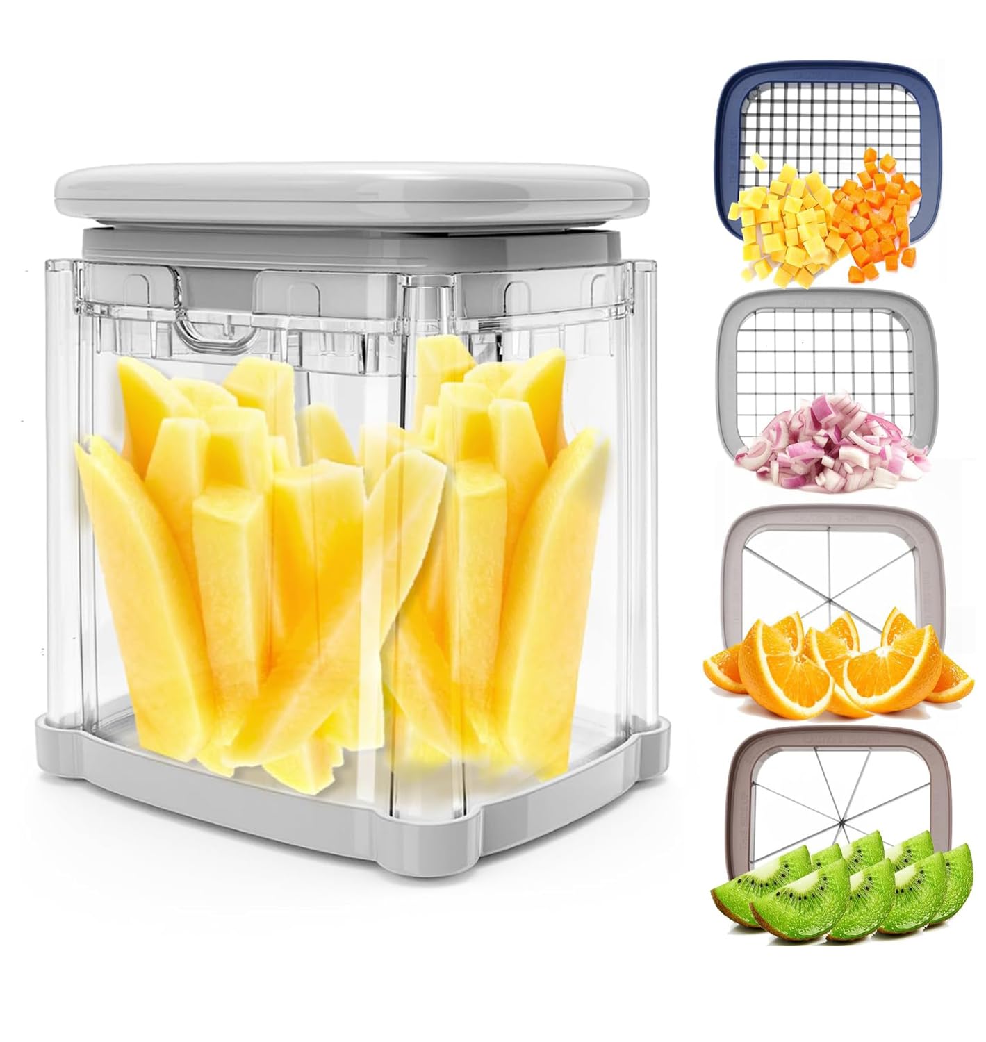 French Fry Cutter 4-in-1 – Potato Cutter for Fries, Onion Dicer, Food Chopper & Apple Slicer – Manual Hand Vegetable Cutter with 4 Blades