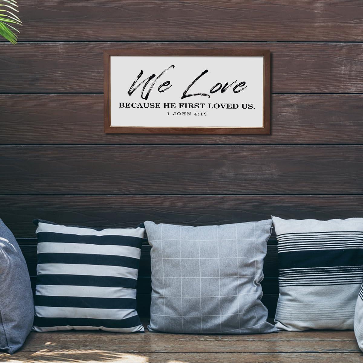 Christian Decor Signs, Farmhouse Wood Framed Sign 15×7.5×0.3 inches, Wall Decoration for Home, Family Room Decor, Bible Verse Scripture 1 John 4:19 Sign - We Love Because He First Loved Us
