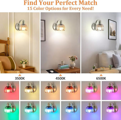 Rechargeable Battery Operated Wall Sconce with Amber Glass Lampshade, Wireless Wall Scone Decor with Remote Control, 15 Colors Brushed Nickle Wall Light for Bedside Hallway Bedroom Doorway