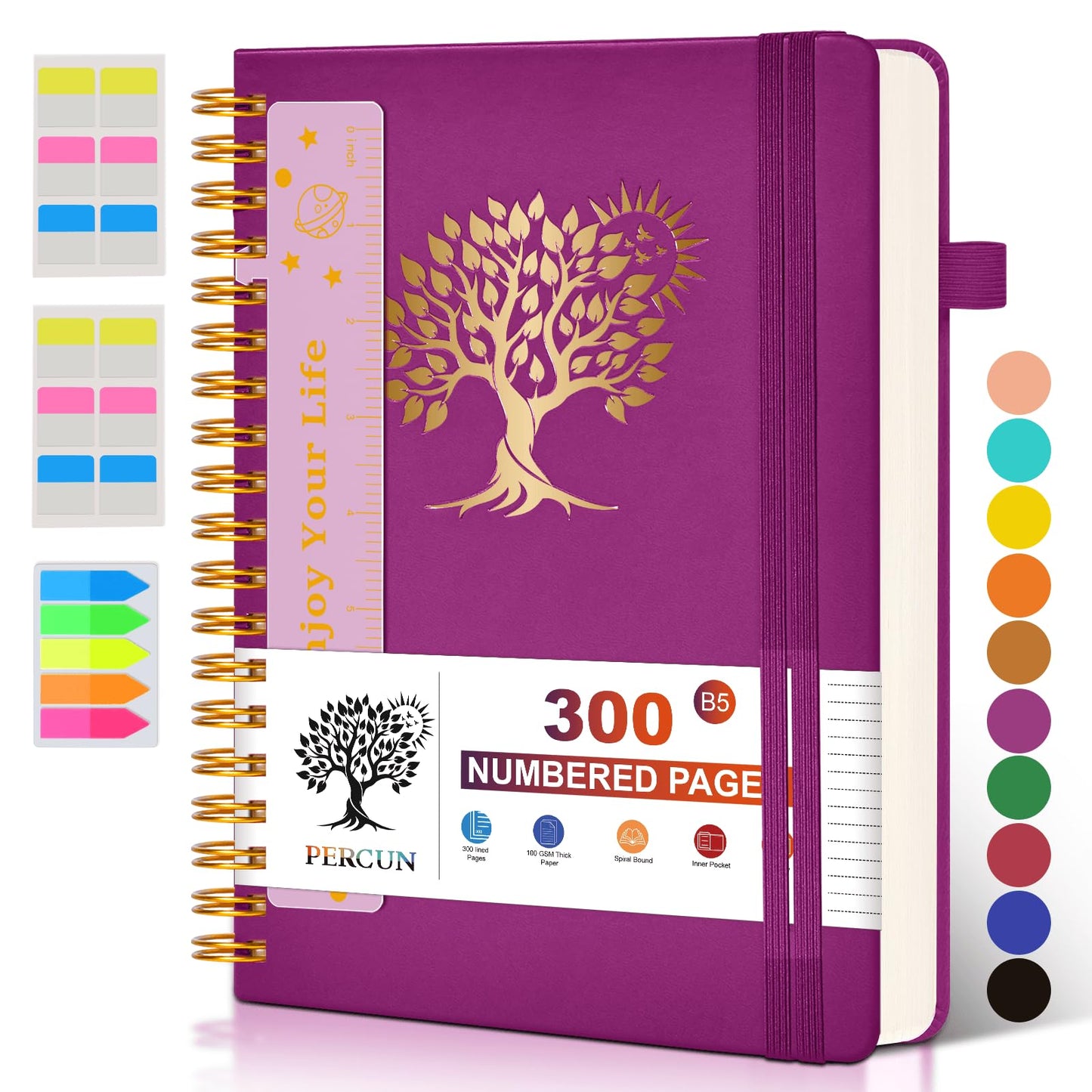 PERCUN Large Spiral Notebook Journal for Women Men - 300 Numbered Lined Pages, College Ruled,B5 Hardcover Spiral Bound Notebook for School, Work, Note Taking, Writing, Leather Spiral Journal 7"x10"