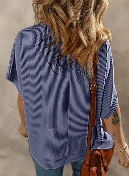 Dokotoo Womens Casual Spring Summer Shirts and Blouses for Women 2026 Off Shoulder T-Shirts Short Sleeve Waffle Knit Loose Tunic Tops Side Split Navy Blue Large