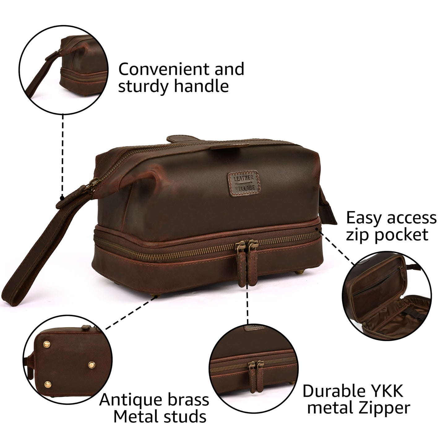 LEATHER VILLAGE Genuine Leather Dopp Kit – Large Travel Toiletry Bag with Waterproof Lining, Dual-Zip Design for Men & Women, Organizer for Shaving, Makeup & Essentials - Cherry