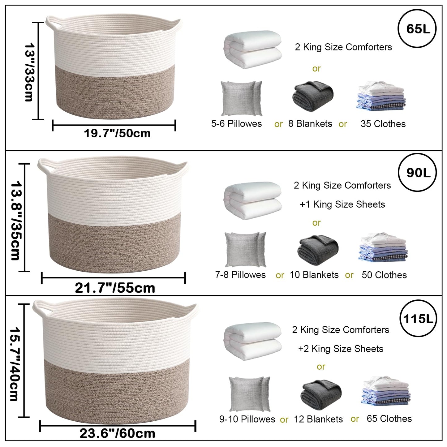 HZFTJOY Large Woven Blanket Basket,65L Cotton Rope Laundry Basket Hamper with Handles, Decorative Nursery Basket Storage Bin for Toys, Clothes Organizer, Living Room, Bedroom, Bathroom, White & Brown