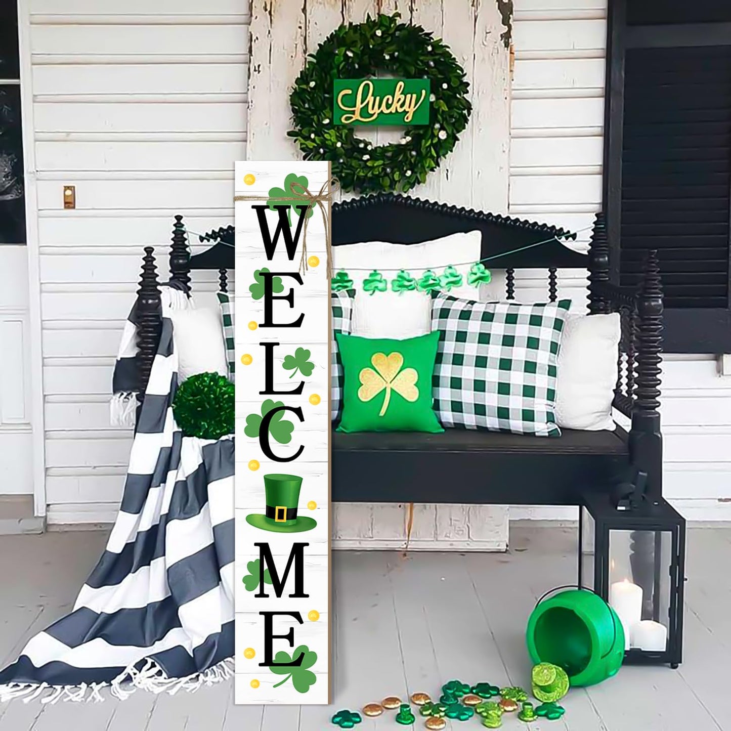 St. Patrick's Day Wooden Porch Sign 47" Spring Large Welcome Porch Sign for Home Front Door Yard Clover Party Decor (Green)