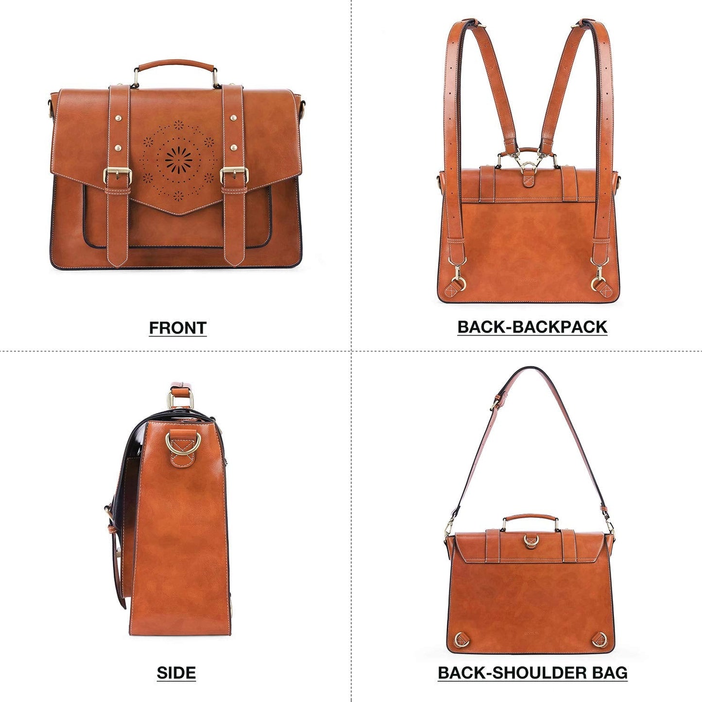 ECOSUSI Backpack for Women Briefcase Messenger Laptop Bag Vegan Leather Satchel Work Bags Fits 15.6 inch Laptops, Brown