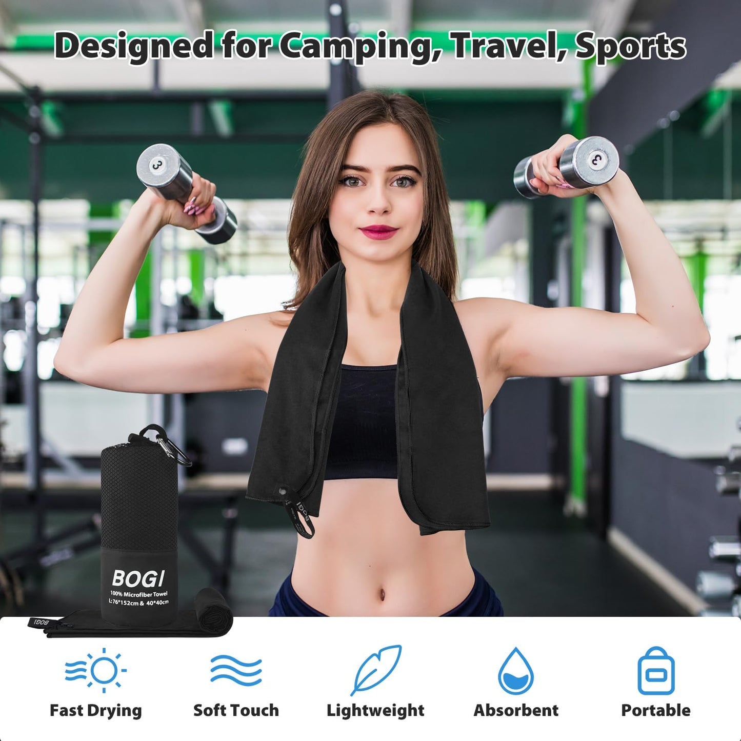 BOGI Microfiber Travel Sports Towel-Quick Dry Towel, Soft Lightweight Microfiber Camping Towel Absorbent Compact for Camping Gym Yoga Swimming Backpacking (L:60''x30''+16''x16''-Black)