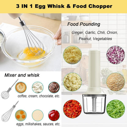 4-in-1 Electric Hand Mixer, Electric Whisk, Mini Onion Chopper 10Oz, Small Cordless Hand Blender, Milk Frother Wand for Coffee, Matcha, 4 Speed Rechargeable Food Processor for Baby Food Maker