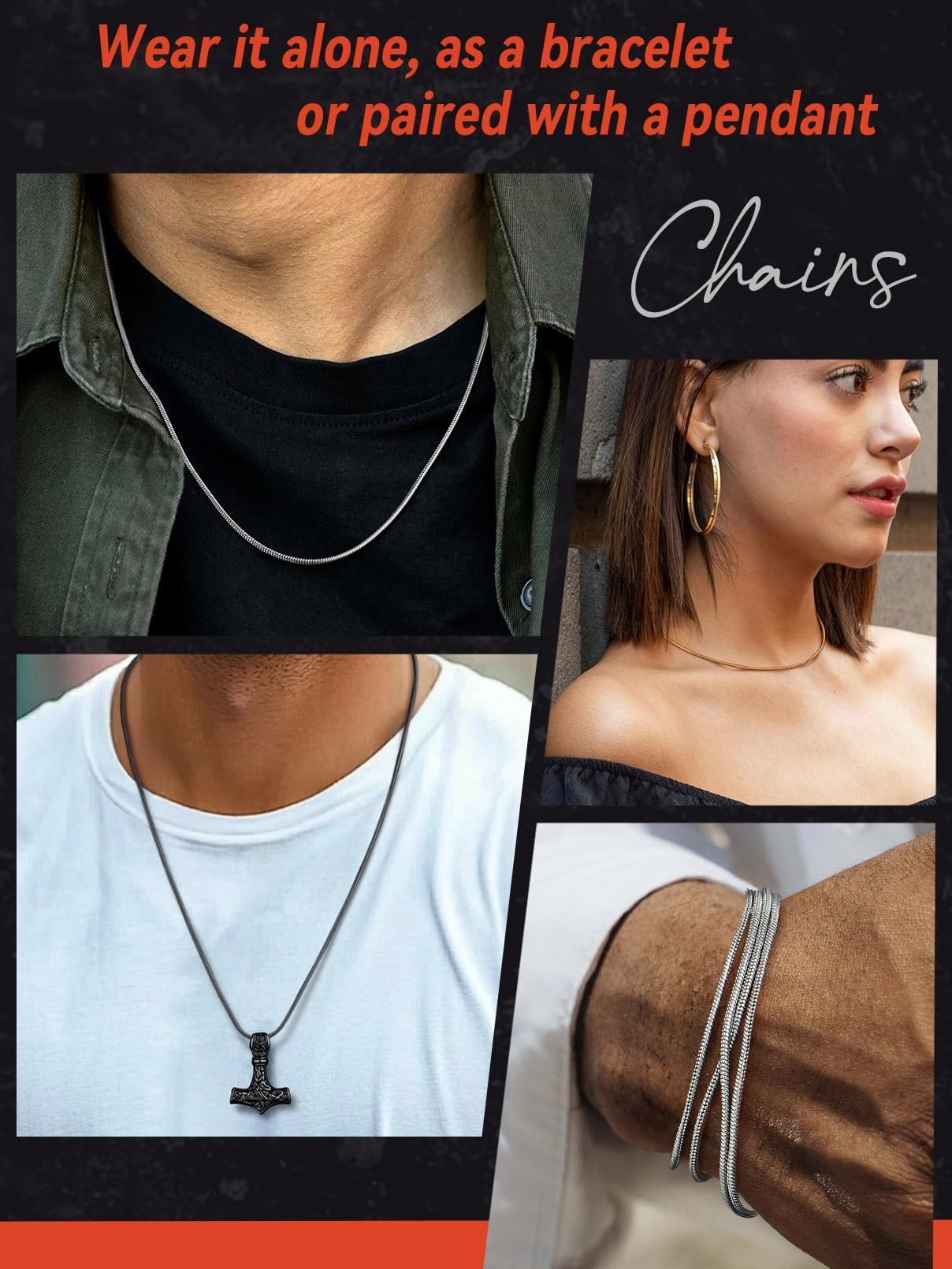 FaithHeart Snake Chains for Women Black Stainless Steel 2 MM Mens Chain Necklace 18 Inch Choker Chains for Ladies