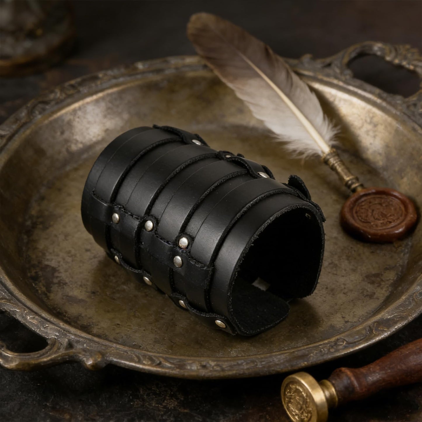 HZMAN Mens Leather Wide Triple Strap Cuff Wrap Gauntlet Wristband Buckle Fastening Arm Armor Cuff 4 Rows (Black)